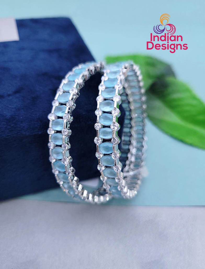 Silver Mint Green bangles | American Diamond Designer Indian Bollywood Style Bangle set