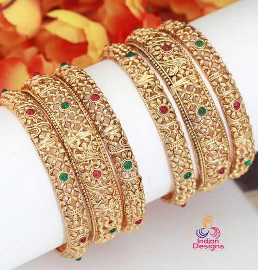 2.8 Size matte Gold plated Indian bollywood bangle set of 6 | One gram Gold Floral design Bangles set | Daily wear Simple casual bangle set