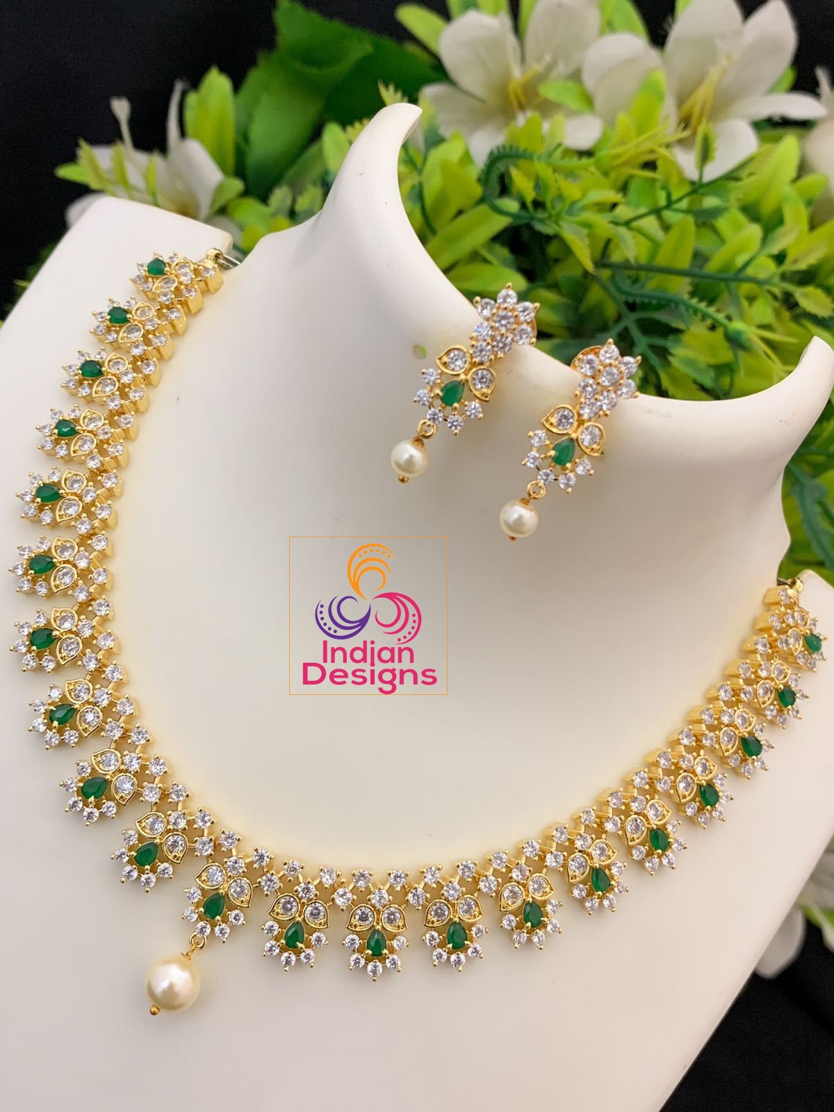 South Indian CZ Necklace jewelry design | American diamond choker necklace set | Gold tone emerald necklace | Ruby stone flower necklace