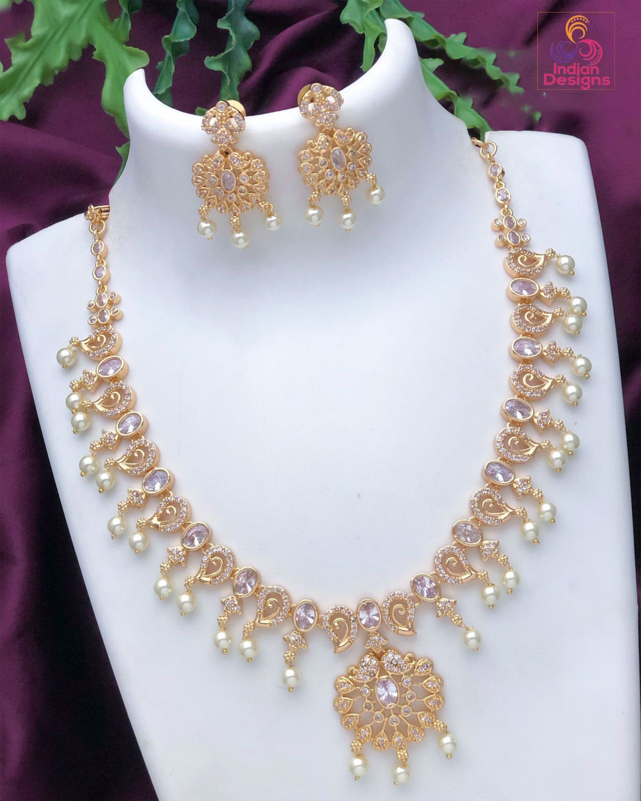 Gold plated Indian necklace set jewelry | Fine Polish 1 gram gold ruby emerald pearl necklace Earring set | Gift for Her | Wedding Jewelry