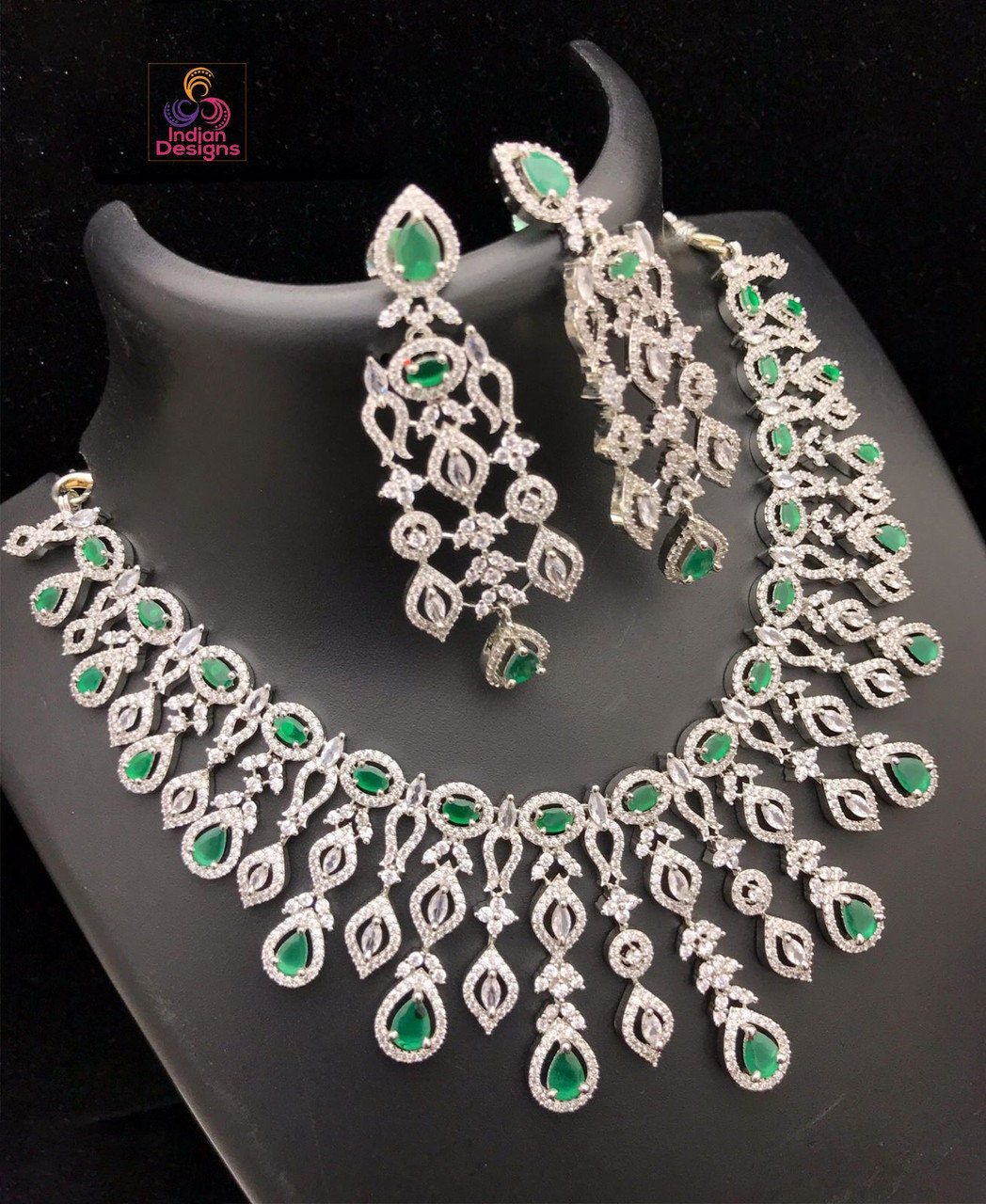 Silver Polish Emerald Green American Diamond Designer Necklace earring set | indian wedding jewellery designs | Trending choker Necklace