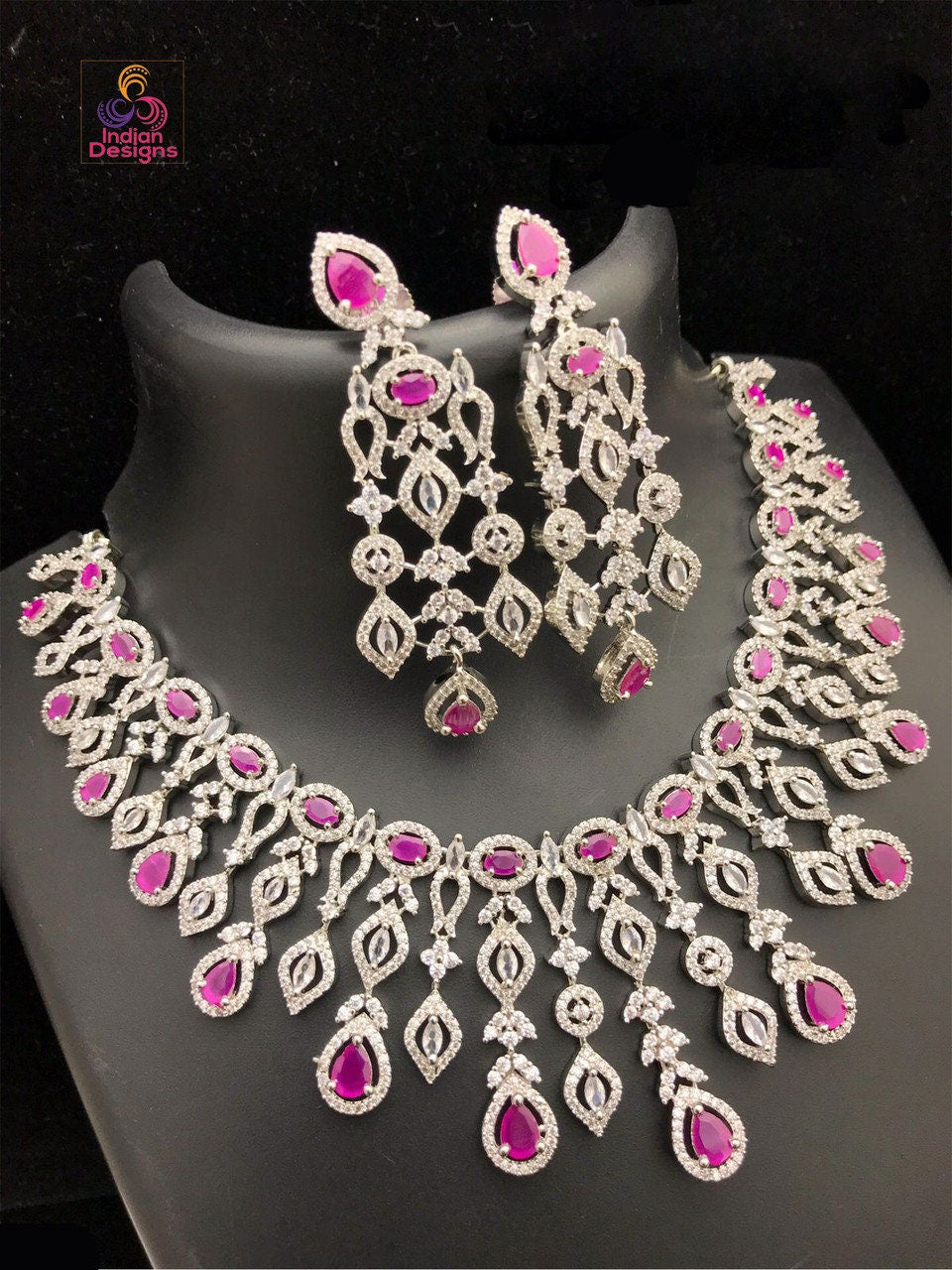 Grand Ruby Stone American Diamond Necklace in Silver tone