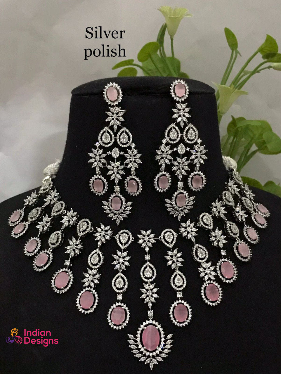 CZ Diamonds Silver Necklace Earrings Set | Pink Bridal Necklace Indian