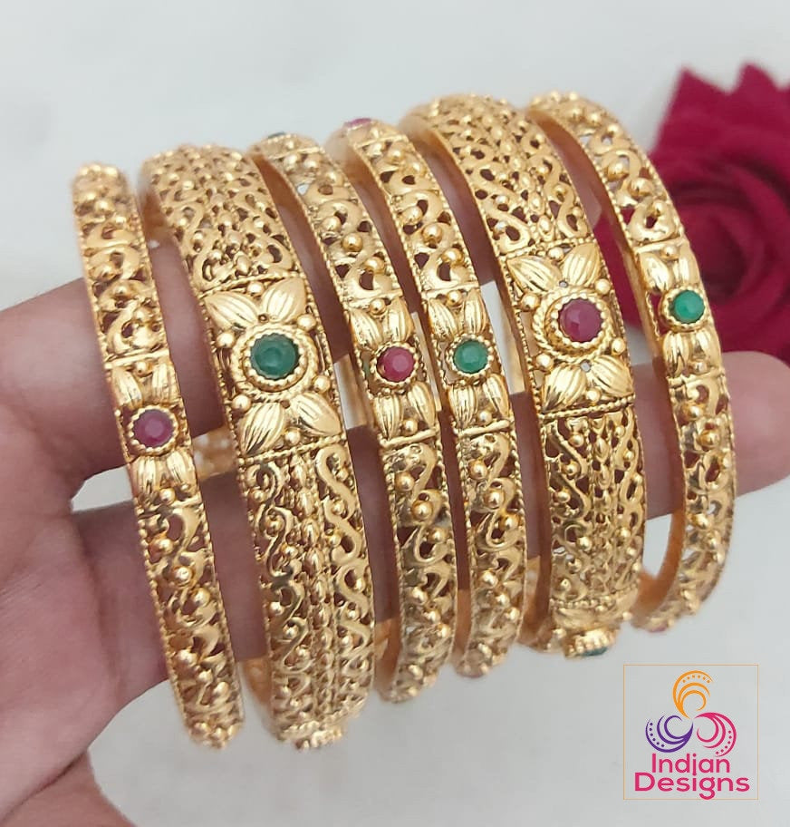 6 Pieces Gold plated Indian Bangle set | Traditional matte finish gold Tone bangles indian style
