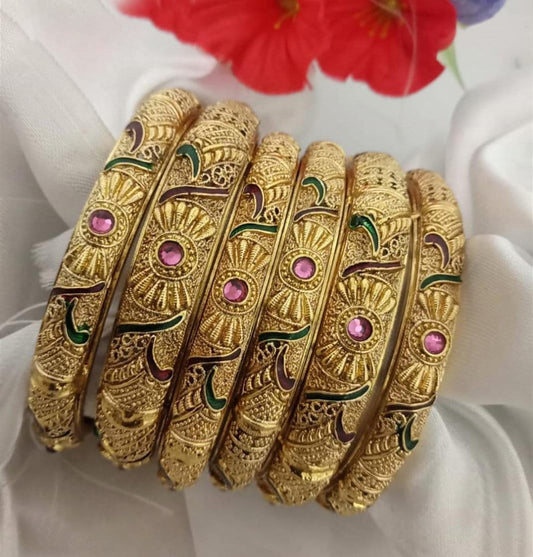 2.6 Size Antique Gold Matte Indian Bangle set | Indian wedding bangle Meenakary work | Temple jewelry | Latest Fashion Gold bangle Design