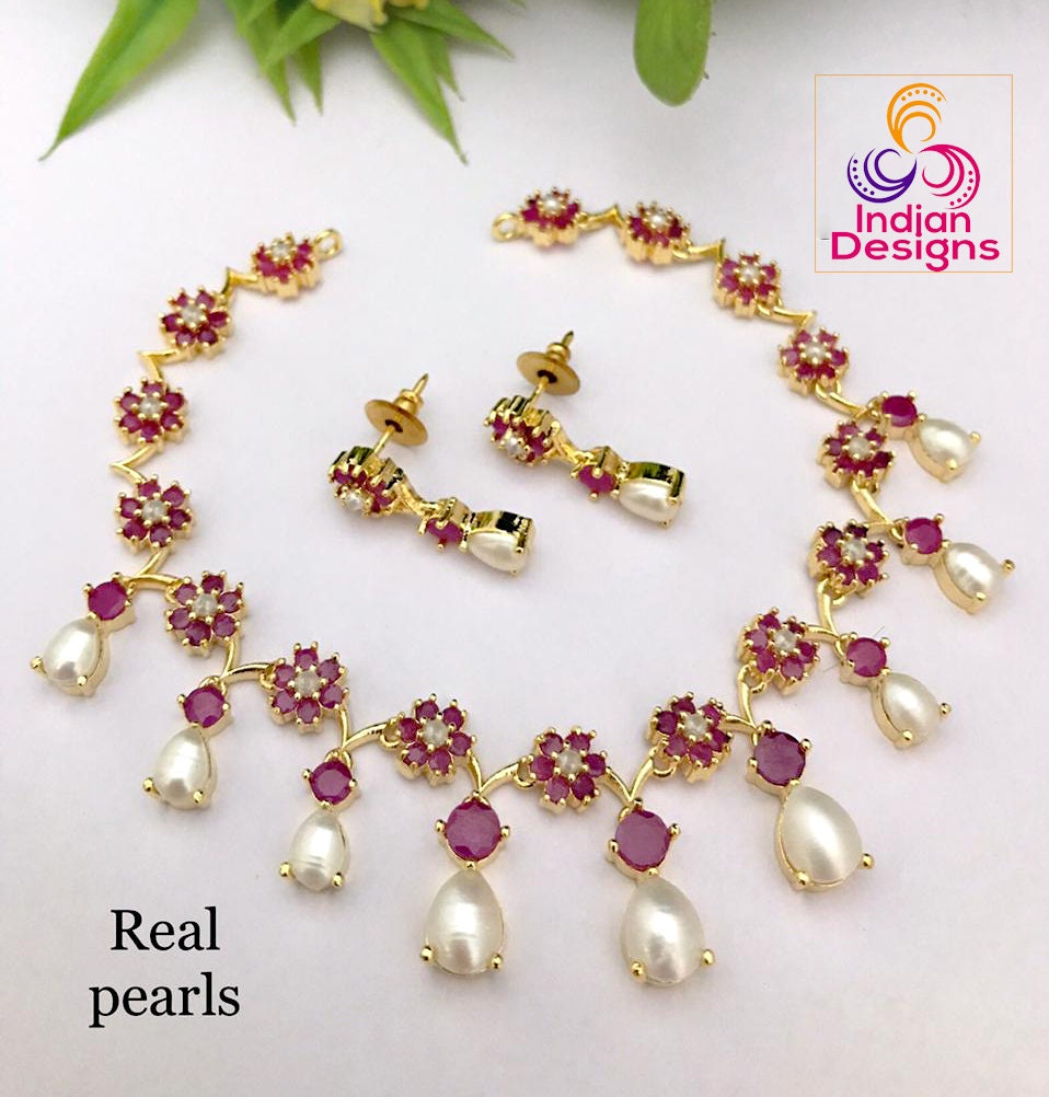 Gold Plated Real Pearl Ruby & Emerald necklace | American diamond Crystal floral necklace with pearl drop choker for wedding
