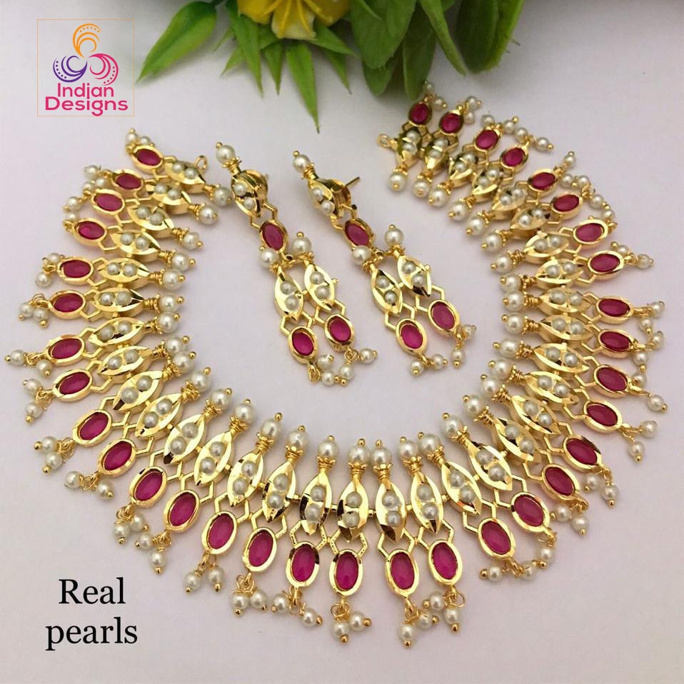 Gold Plated Ruby Emerald Pearl Necklace | Indian Bollywood Wedding necklace | American Diamond bridal necklace Earring set | Gift For her