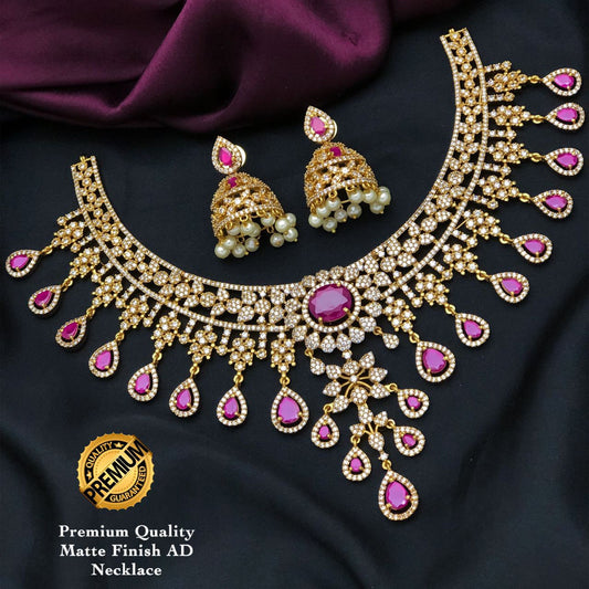 Matte Finish South Indian Style Choker and Jhumka | American diamond Tear-Drop CZ AD stone Necklace and Earrings | Bollywood Party Necklace