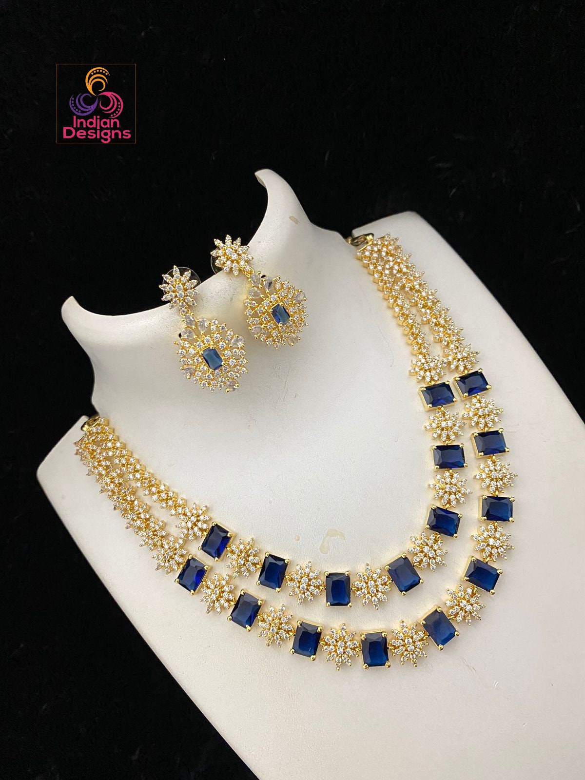 American Diamond 2 line Necklace Earring set with premium quality Gold plated | Blue Sapphire two strand Emerald cut Cz crystal Jewelry set
