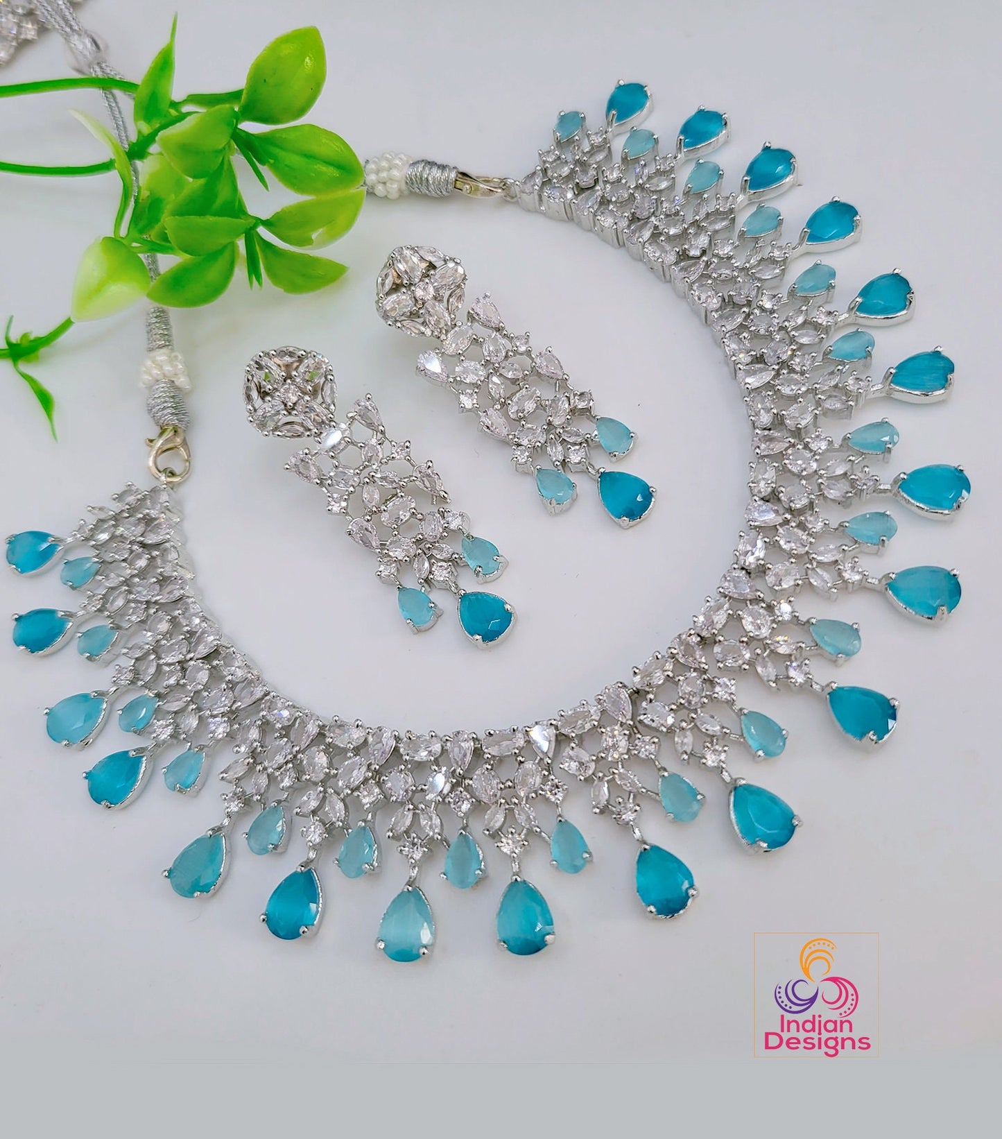 CZ Diamonds Silver Necklace Earrings Set | Pink Bridal Necklace Indian Jewelry Set | Statement Choker set Crystal Jewelry | Indian designs