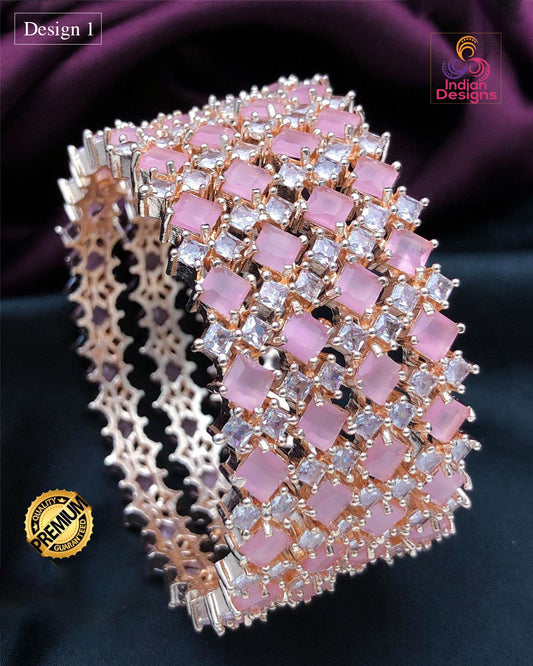 CZ American diamond Pink Stone Bangles set | High Rose Gold AD bracelet and bangles set of four | Indian Bollywood Style Fashion Bangle set