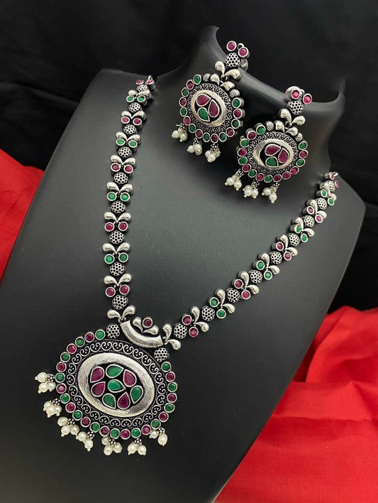 Oxidized Indian Jewelry Necklace and Earrings | Indian Oxidised Silver look alike color stone necklace | German Silver Antique jewelry set