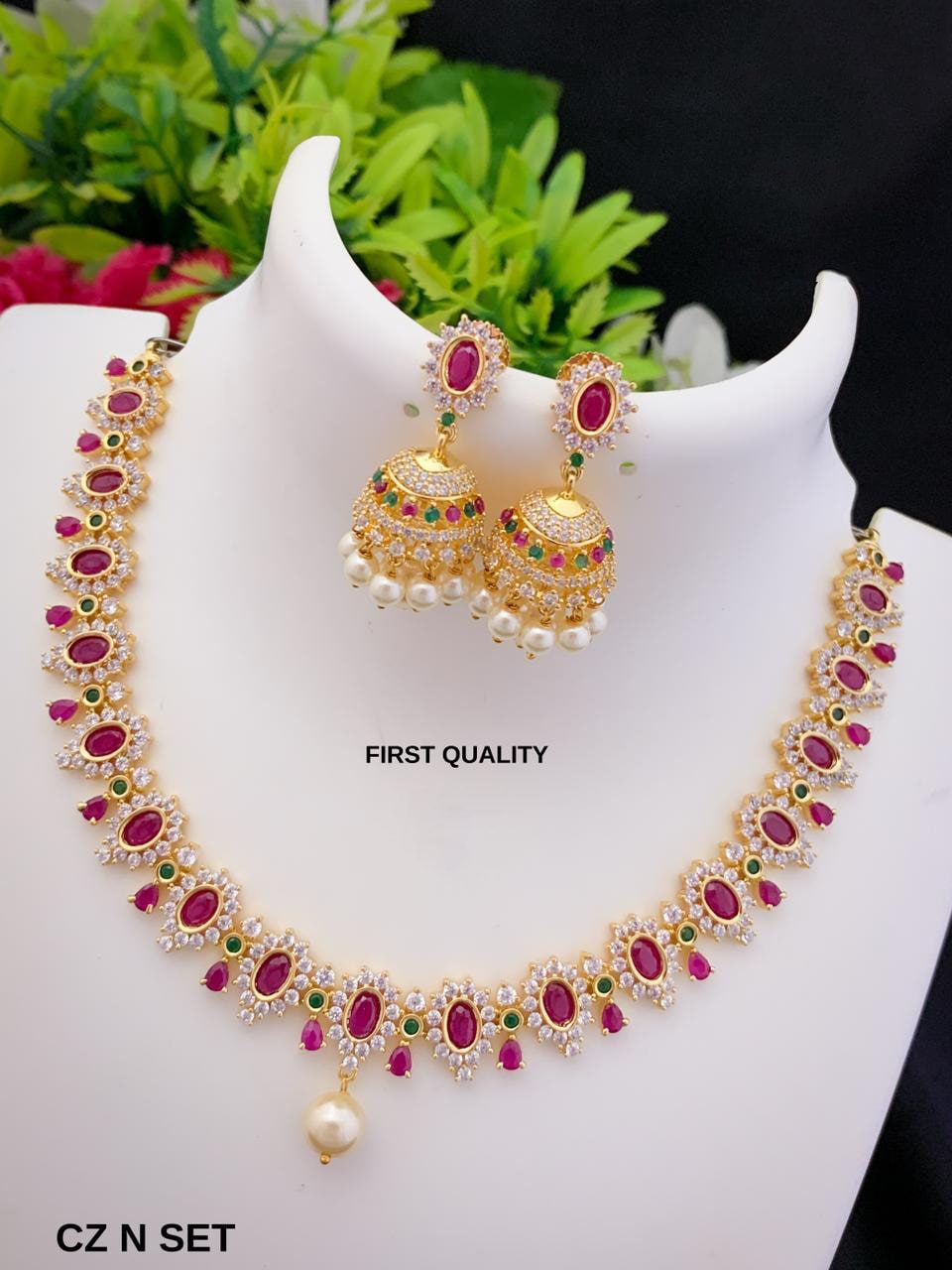 Cz American diamond ruby and green stone gold necklace with pearl drop earrings | necklace with single pearl drop | Jhumka Earrings