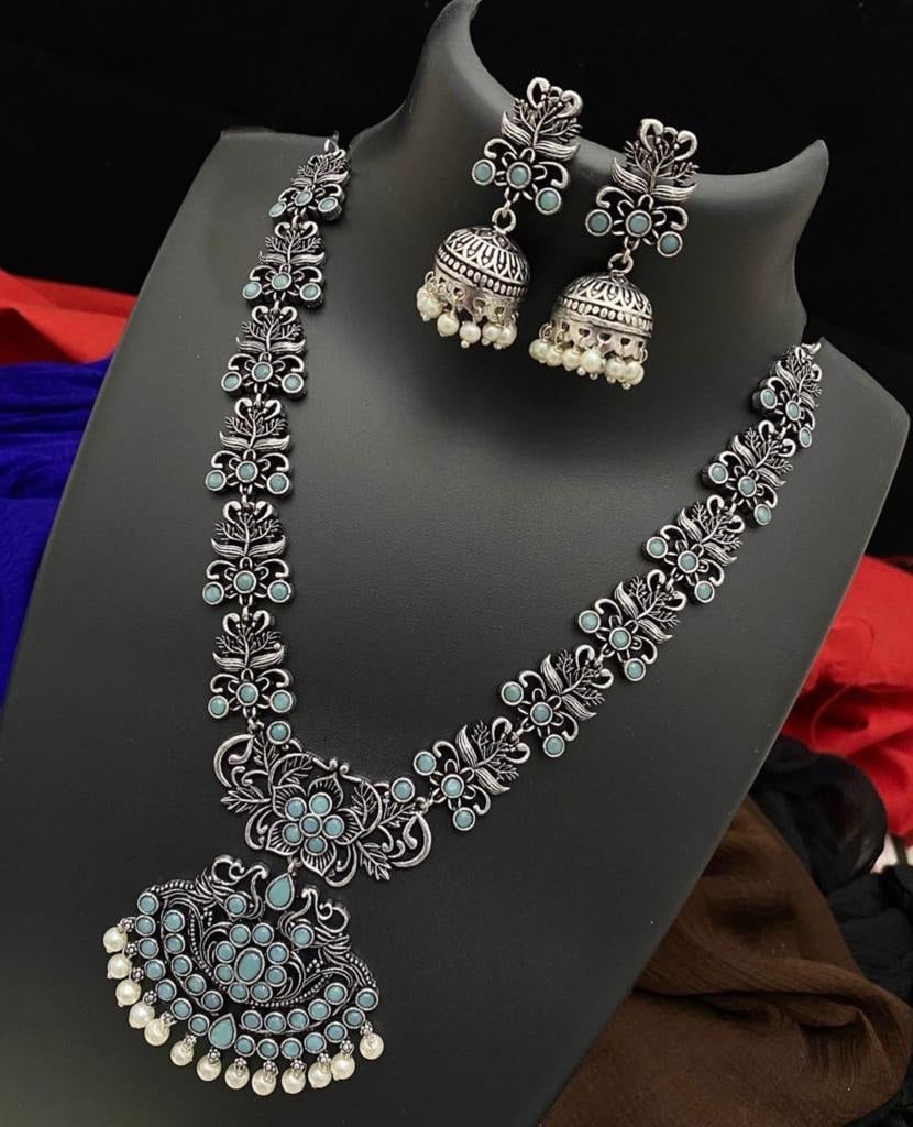 German Silver Oxidized Long Necklace set with Jhumka Earrings