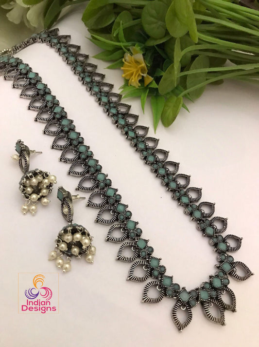 Mint Green German Silver Long necklace