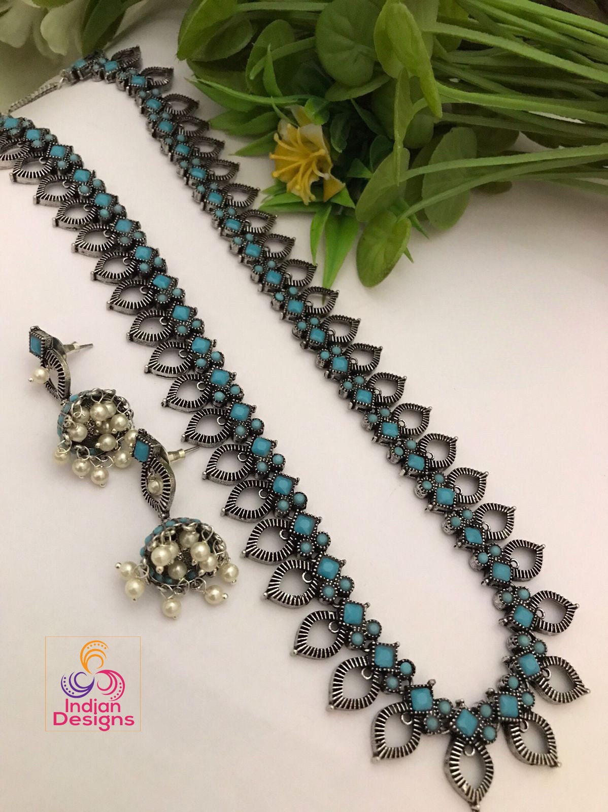 Light Turquoise Blue Oxidized Long necklace