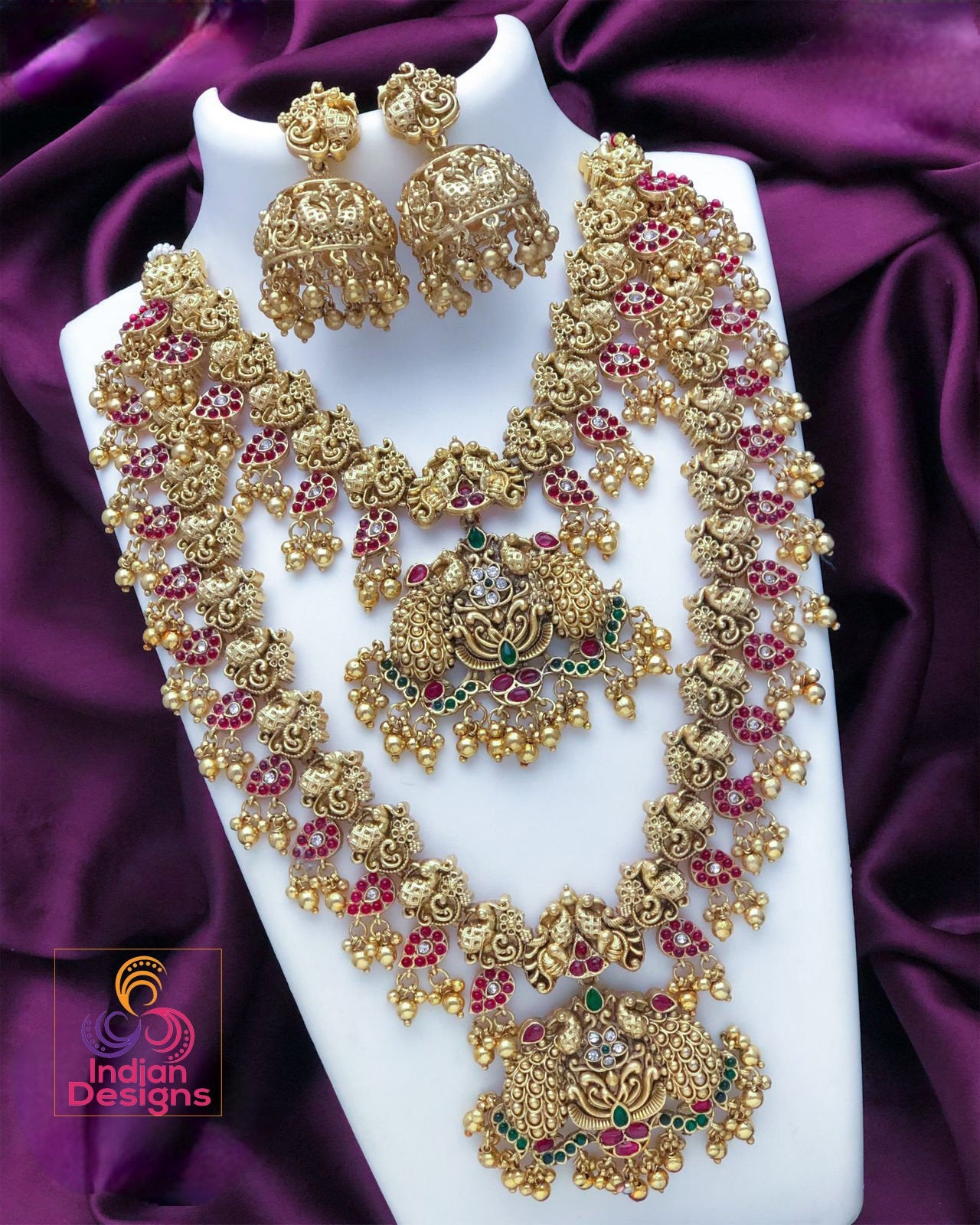 Gold Plated Matte Finish Indian Wedding Temple jewelry with Jhumkas| South Indian Bridal Jewelry set | Bridal Guttapusalu Long & short haram