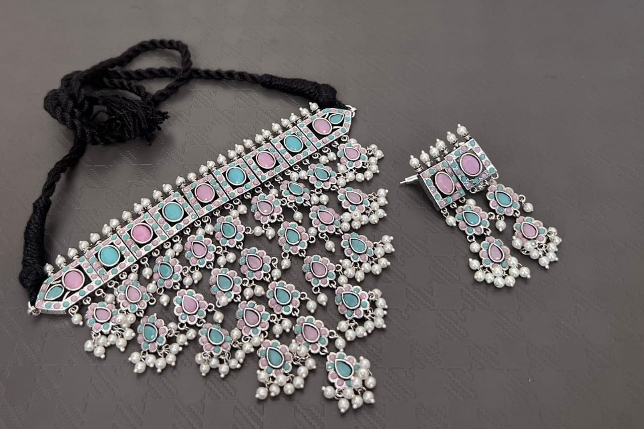 Designer Oxideized German Silver Choker neckkace and Earrings | Indian Wedding jewelry Ruby, Emerald, Mint green and Pink stone Oxidized Sil