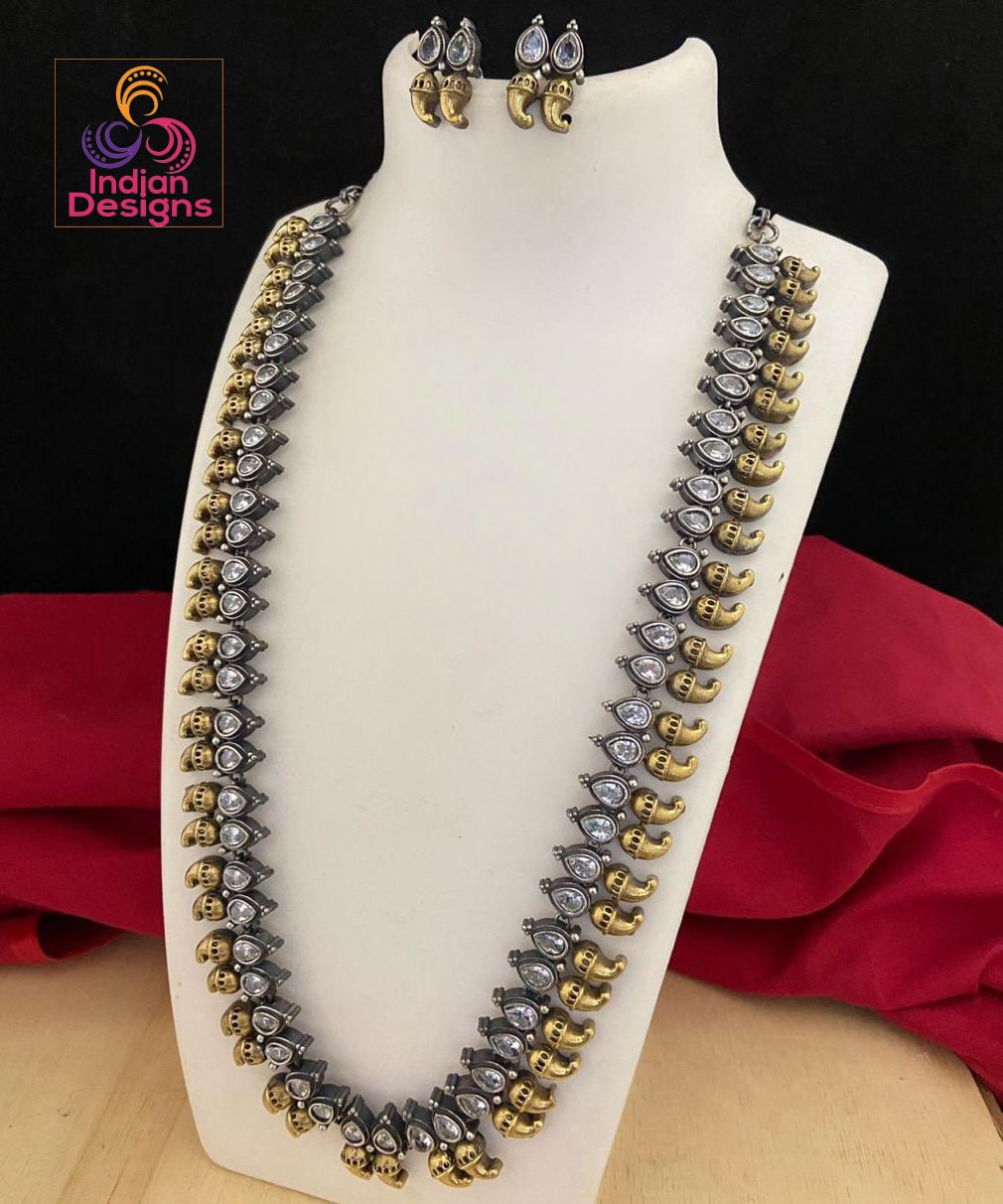 Oxidized Silver Two tone Long necklace, Indian Wedding Jewelry, German Silver necklace and Earrings, Long necklace for saree, Antique silver-Gold tone necklace, Indian Temple jewelry