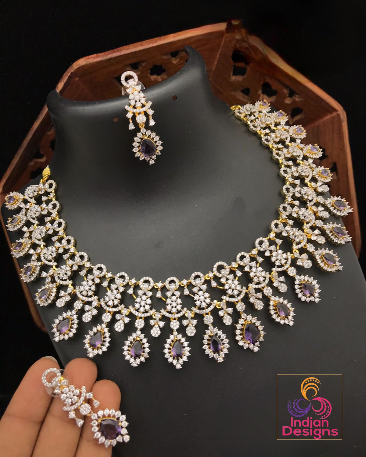 Exclusive American Diamond Indian Wedding Jewelry Gold Choker set|Bollywood style Bridal necklace sets|Pakistani wedding jewelry|Gift forher