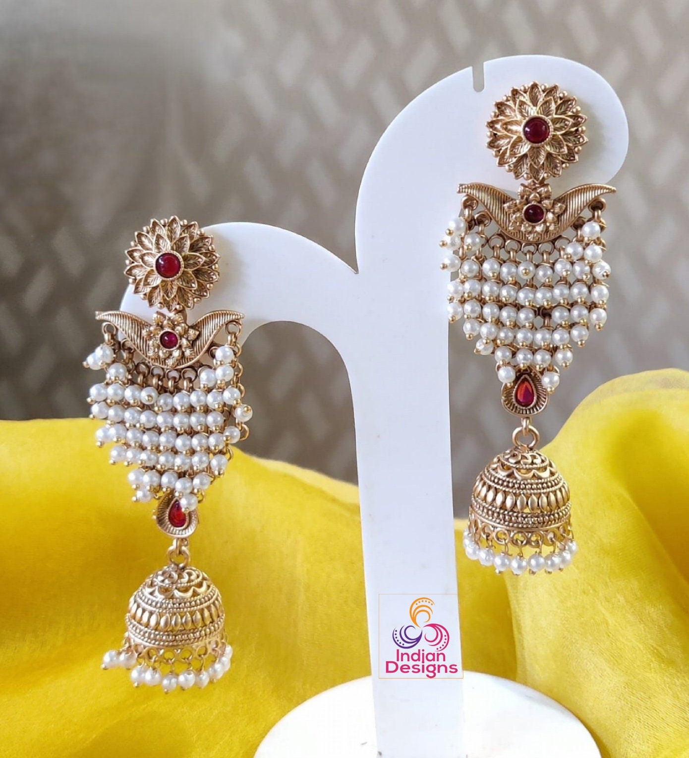 Designer Pearl Jhumkas, Stylish Indian Bollywood Party Earrings, Long Indian Wedding Jhumka jhumki