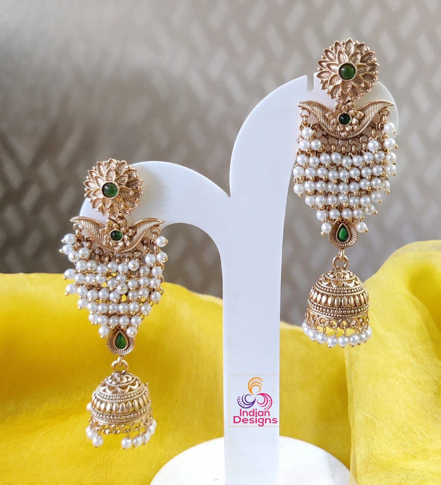 Designer Pearl Jhumkas, Stylish Indian Bollywood Party Earrings, Long Indian Wedding Jhumka jhumki, Green Jhumkas