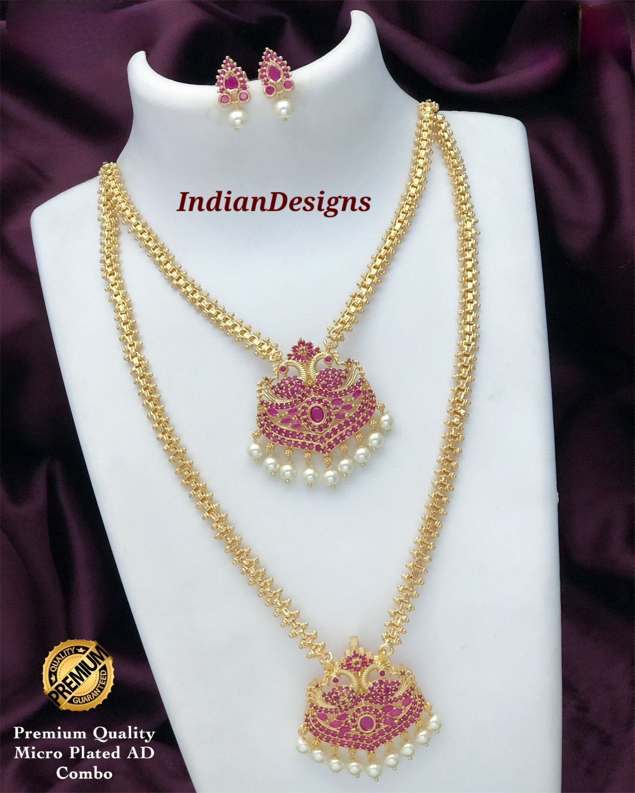 Gold Plated American Diamond CZ Long and short necklace combo, South Indian Wedding Jewelry set, Bollywood fashion Jewelry, Gift for Her