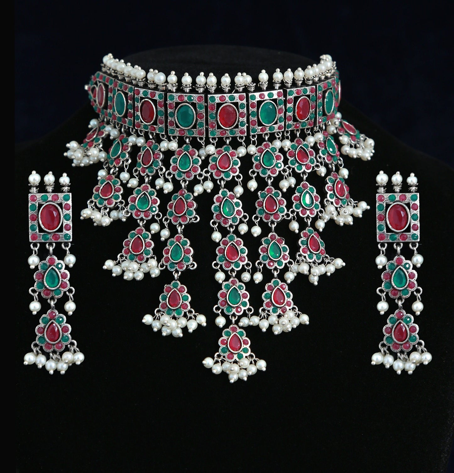 Designer Oxideized German Silver Choker neckkace and Earrings | Indian Wedding jewelry Ruby, Emerald, Mint green and Pink stone Oxidized Silver choker