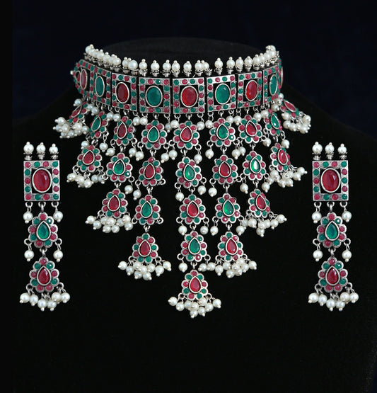 Designer Oxideized German Silver Choker neckkace and Earrings | Indian Wedding jewelry Ruby, Emerald, Mint green and Pink stone Oxidized Silver choker