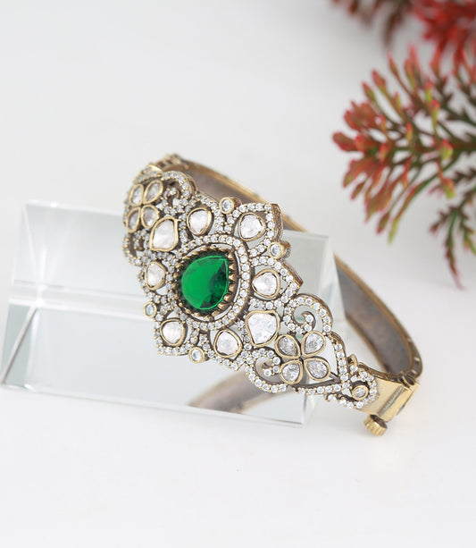 Antique Victorian-Polish Openable Green Crystal Kada Bracelet|Antique Gold Plated Bollywood statement Bangle bracelet| Jewelry Gift for her