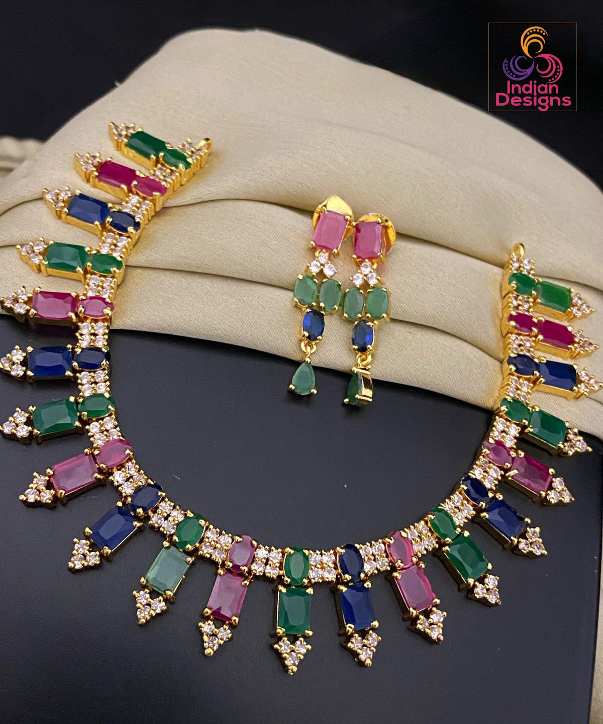Gold plated Cz American Diamond ruby, Emerald and Blue Sapphire stones necklace earrings Indian Jewelry | AD stones Simple gold choker set