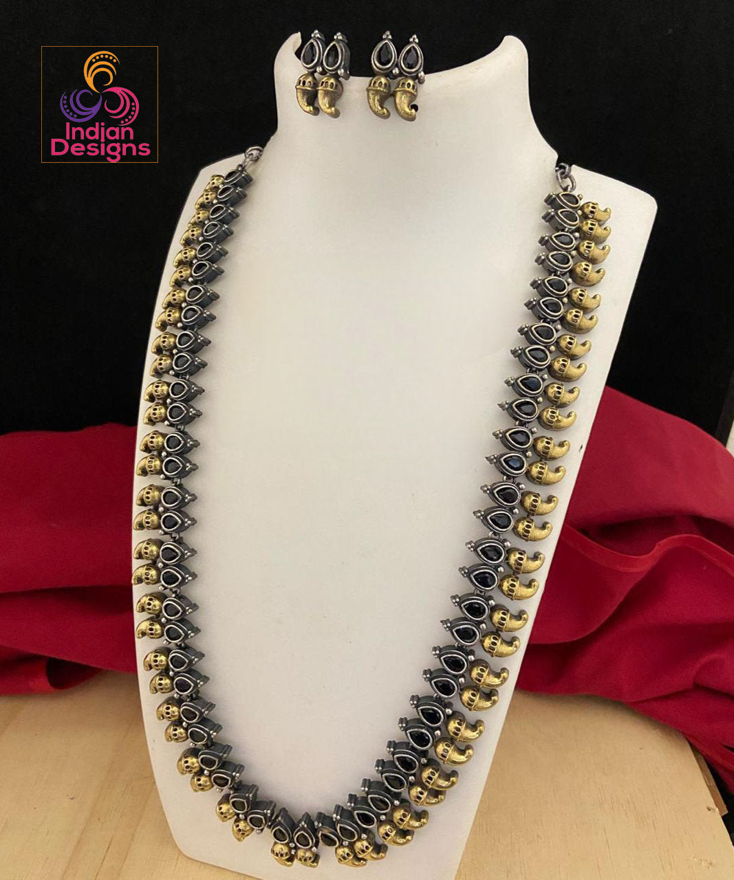Oxidized Silver Two tone Long necklace with black stones, Indian Wedding Jewelry, German Silver necklace and Earrings, Long necklace for saree, Antique silver-Gold tone necklace, Indian Temple jewelry,