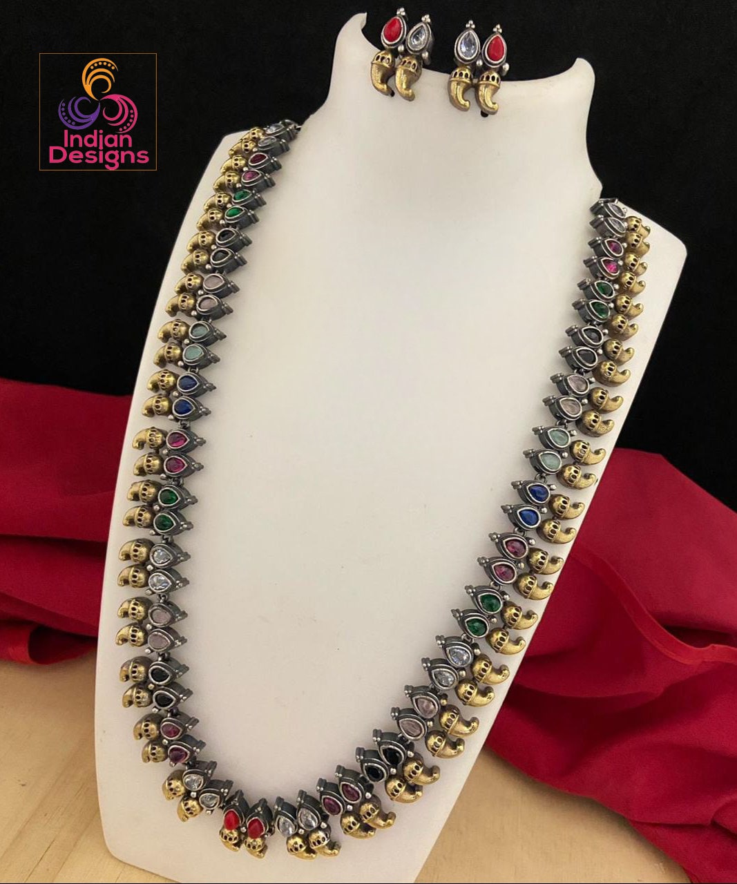 Oxidized Silver Two tone Long necklace, Multi color stone stone jewelry, Silver mango necklace, Indian Wedding Jewelry, German Silver necklace and Earrings, Long necklace for saree, Antique silver-Gold tone necklace, Indian Temple jewelry