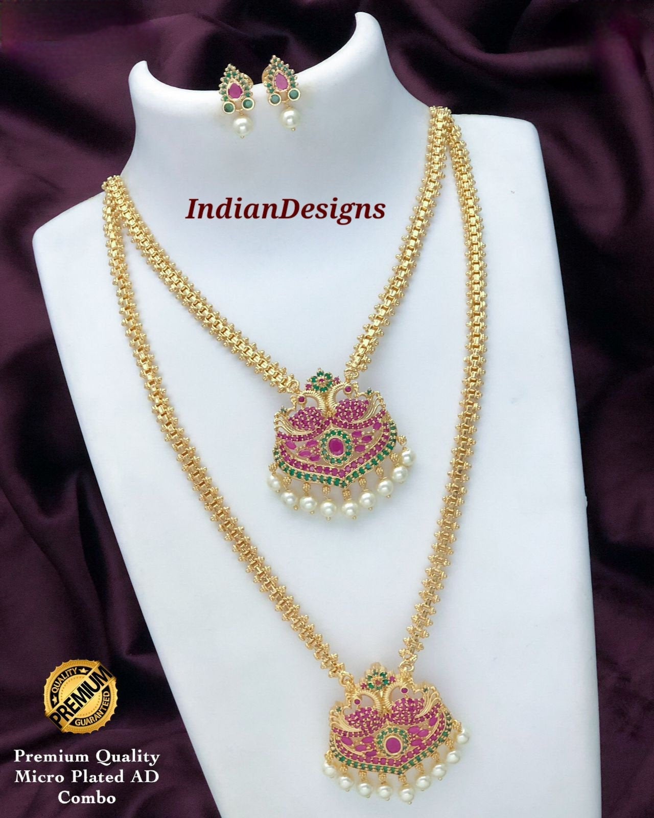 Gold Plated American Diamond CZ Long and short necklace combo, South Indian Wedding Jewelry set, Bollywood fashion Jewelry, Gift for Her