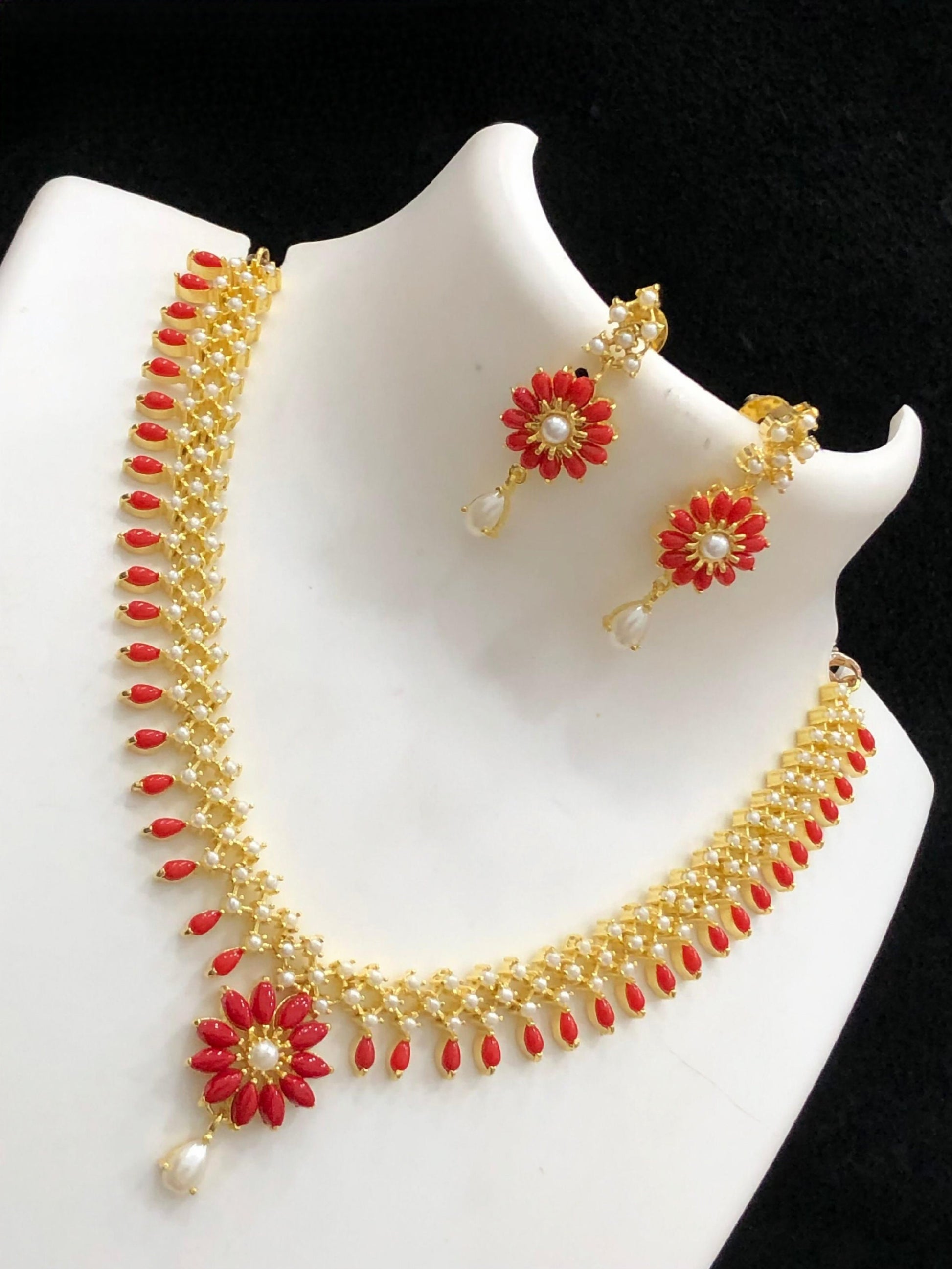 Red Coral Gold Plated American Diamond Choker necklace Earrings and Floral Pendant set, Real Pearl and Crystal choker, South Indian Jewelry