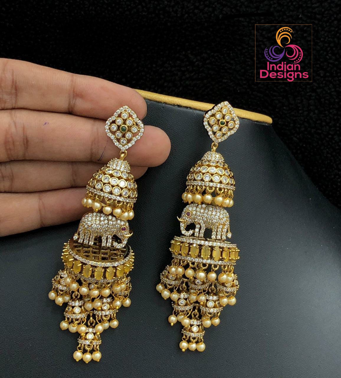 Matte Gold Wedding bridal Pearl jhumka set | American Diamond Multi step Indian/Pakistani Jhumki Designs | Long Dangle Pearl drop Earrings