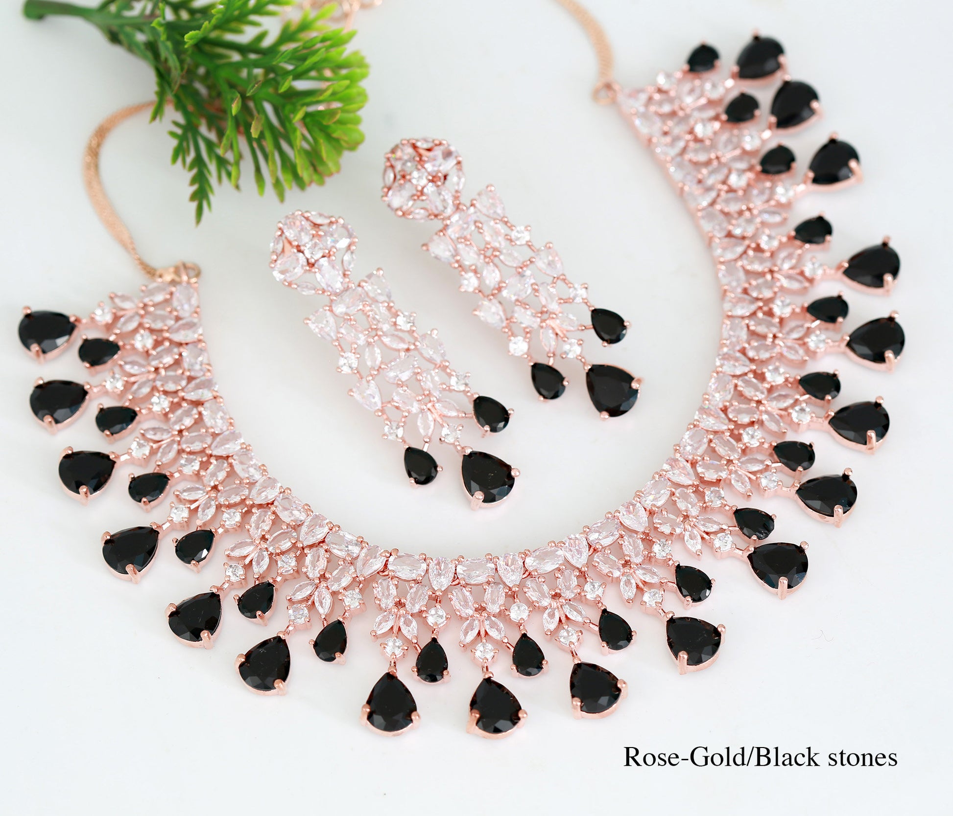 Rose Gold American Diamond Indian Jewelry Set with Mint Teardrop Earrings for Bridal & Partywear|Statement Necklace|Bollywood style jewelry