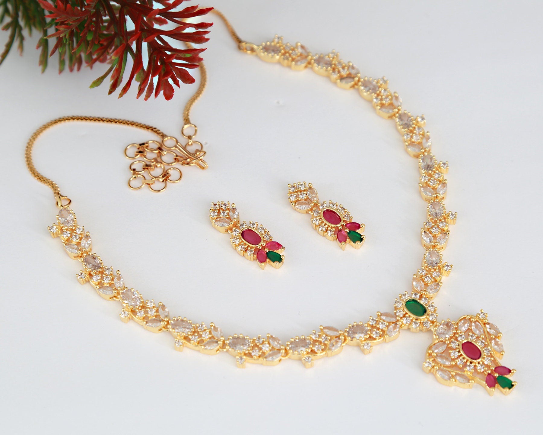 American Diamond necklace Earrings |Gold Plated emerald necklace Floral pattern |Beautiful Ruby necklace Floral design |Clear stone necklace
