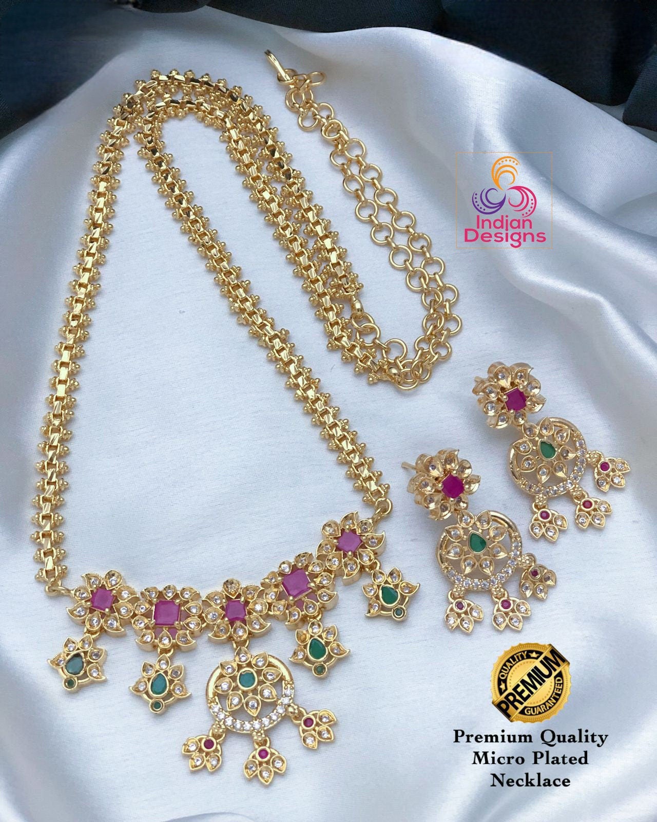 22K Gold Plated Haram necklace and earring set with floral design|Traditional South Indian Jewelry|Bollywood Style CZ American Diamond Set