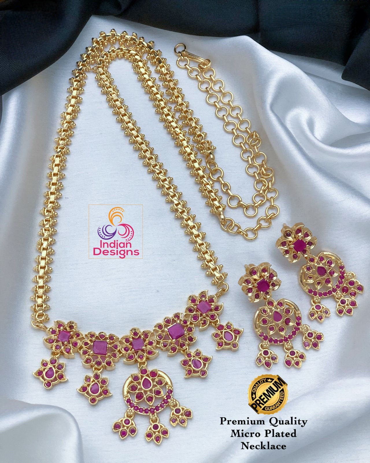 22K Gold Plated Haram necklace and earring set with floral design|Traditional South Indian Jewelry|Bollywood Style CZ American Diamond Set