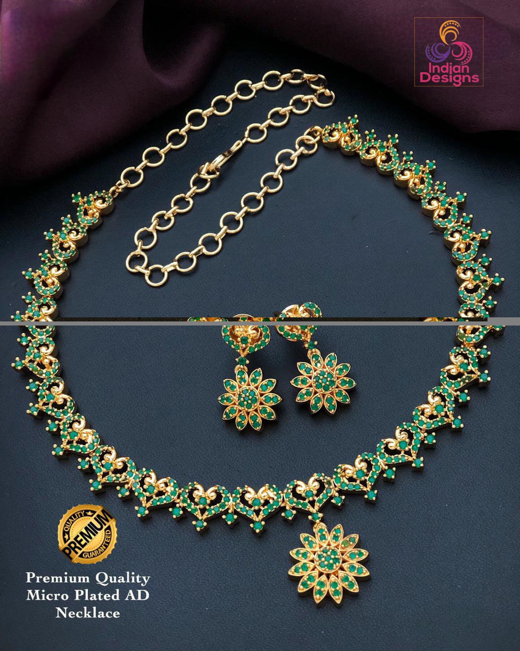 American Diamond Necklace-22k Gold polish | Emerald Ruby CZ Diamond choker | Indian jewelry sets | Ruby and Emerald necklace Floral designs