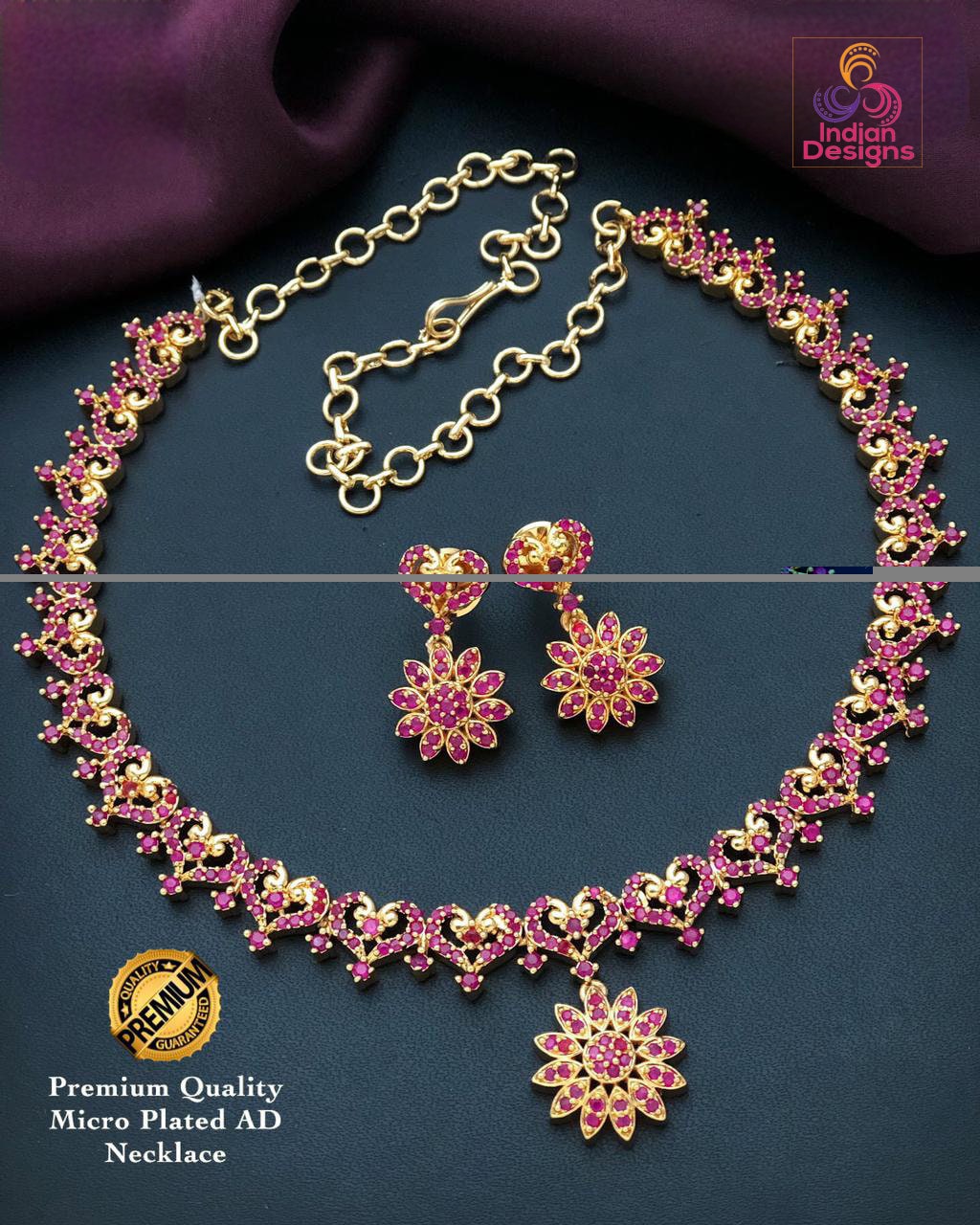 American Diamond Necklace-22k Gold polish | Emerald Ruby CZ Diamond choker | Indian jewelry sets | Ruby and Emerald necklace Floral designs