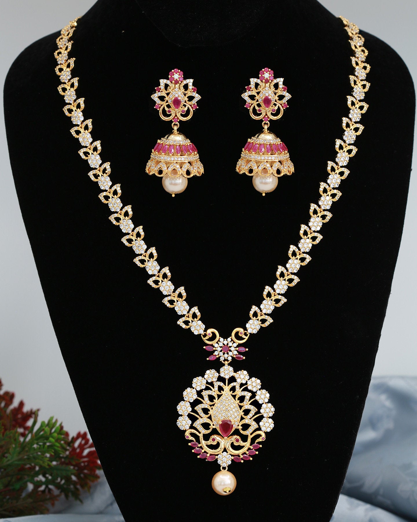 Indian Jewelry American Diamond Long Necklace & Jhumka Earrings Set, Peacock Motif Bridal Gold-Plated Jewelry with Pearls and Ruby Accents