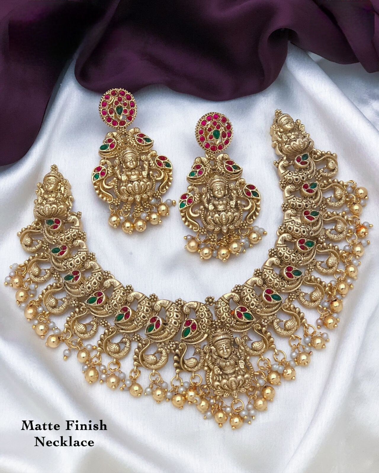 Indian Temple Jewelry choker necklace with Lakshmi Motif | Matte gold South Indian style Guttapusalu choker wedding ruby stone necklace