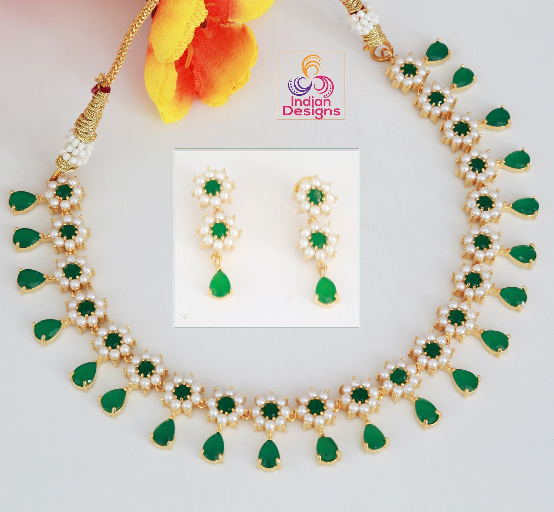 Pearl, Ruby & Emerald Statement Necklace with Matching Earrings |Traditional Indian Jewelry Set | High-End American Diamond Fashion Jewelry
