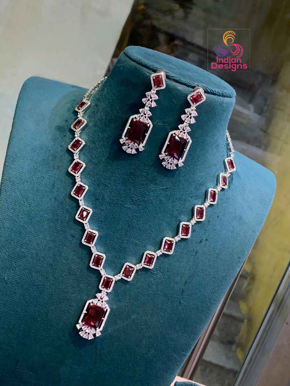 Exclusive Silver-Toned American Diamond Necklace and Earring Set | Indian Wedding Jewelry |Ruby Diamond Silver necklace set | Gift For Her
