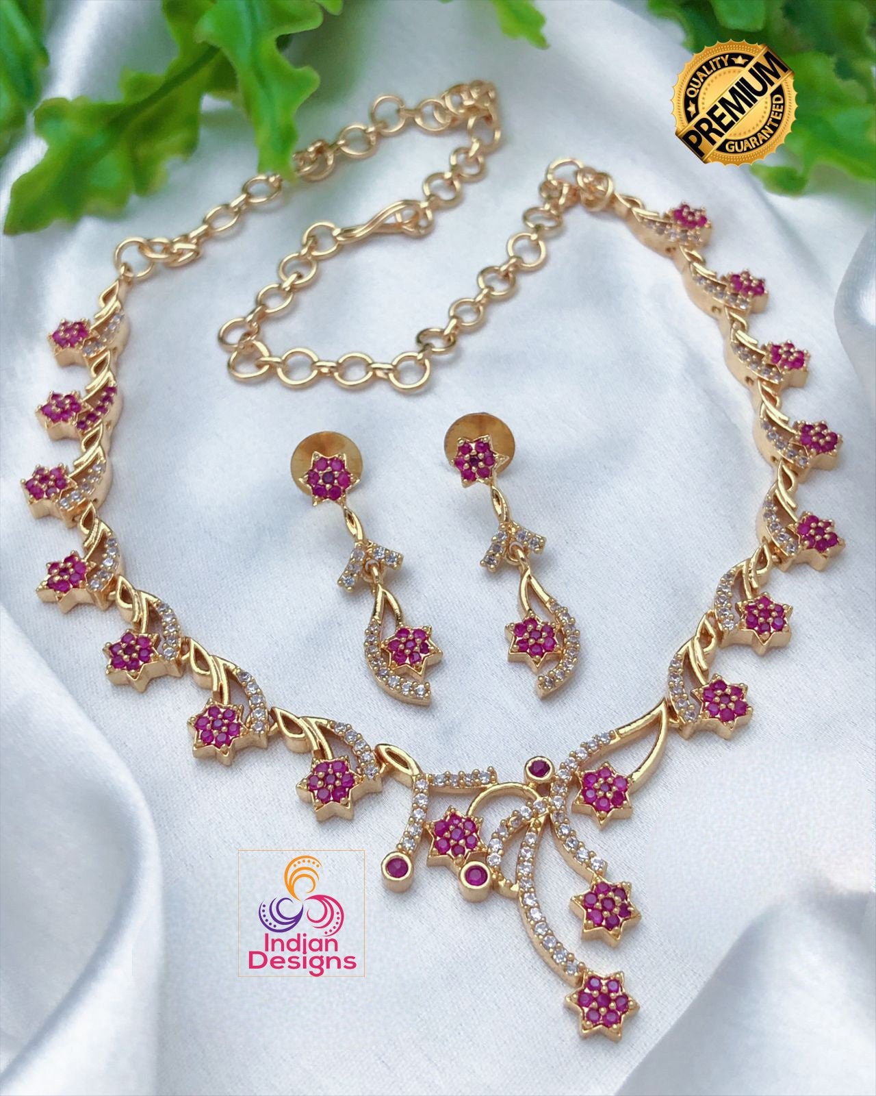 22k Gold Plated American Diamond Necklace with Green and Pink stones|Indian jewelry sets|Ruby & Emerald necklace Floral designs|Gift for her