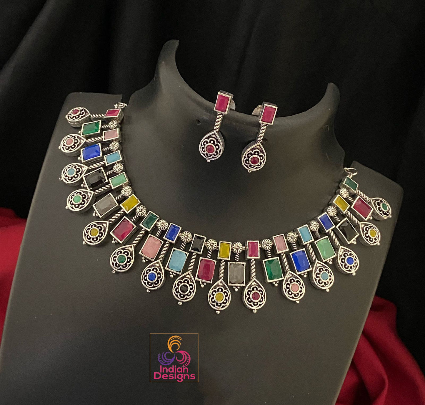 Traditional Indian Silver Oxidized Choker Necklace with Multicolor Gemstones & Matching Earrings Set| German Silver jewelry | Gift for her