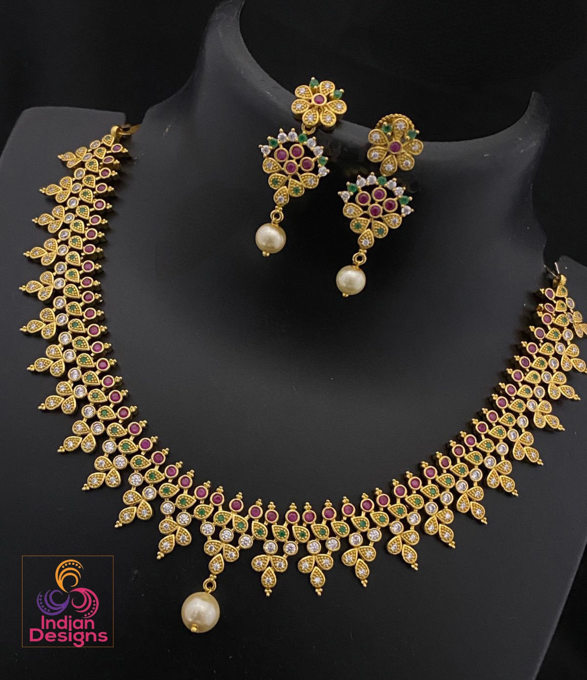 Gold-Tone Ruby and Emerald Choker Necklace Set with Pearl Drops and Matching Earrings| traditional South Indian style matte finish necklace
