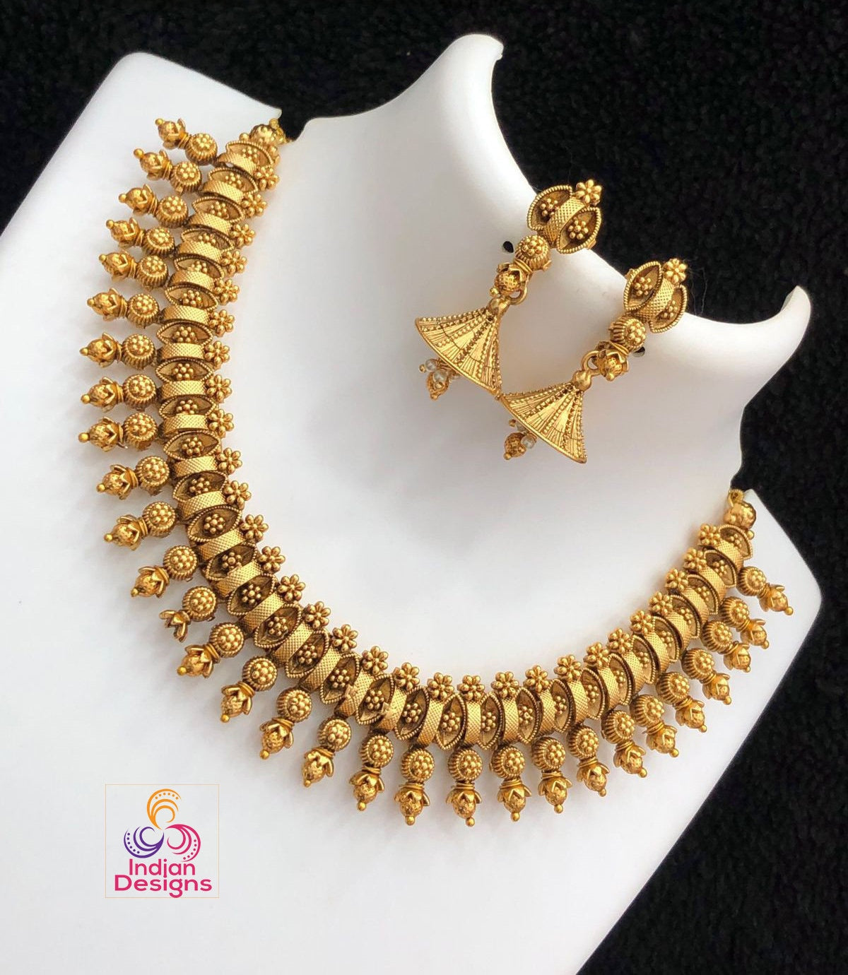 Traditional Indian Gold-Plated Necklace and Earrings Set|Antique Temple Jewelry| Ethnic Indian Bridal Wedding Jewelry Set||Gift for her